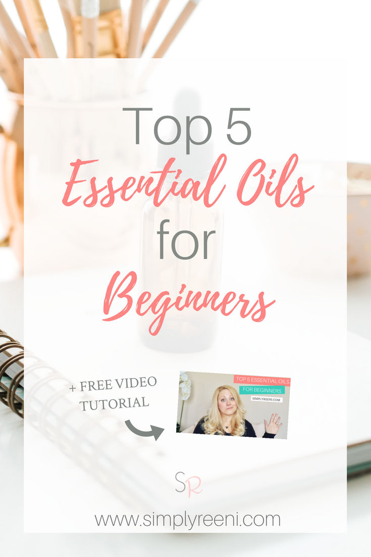 essential oil bottle with text overlay- top 5 essential oils for beginners