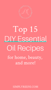 Do you love essential oils and want more DIY recipes? Or maybe you just started cleaning out the toxins from your home and would love to learn how to make DIY essential oil recipes. Here are the top 15 DIY essential oil recipes you can start making today! Get easy DIY essential oil recipes, skin DIY essential oil recipes, spray recipes, diffuser recipes, cleaning recipes, and other natural remedies! Click to read or pin for later! www.simplyreeni.com/top-15-diy-essential-oil-recipes/